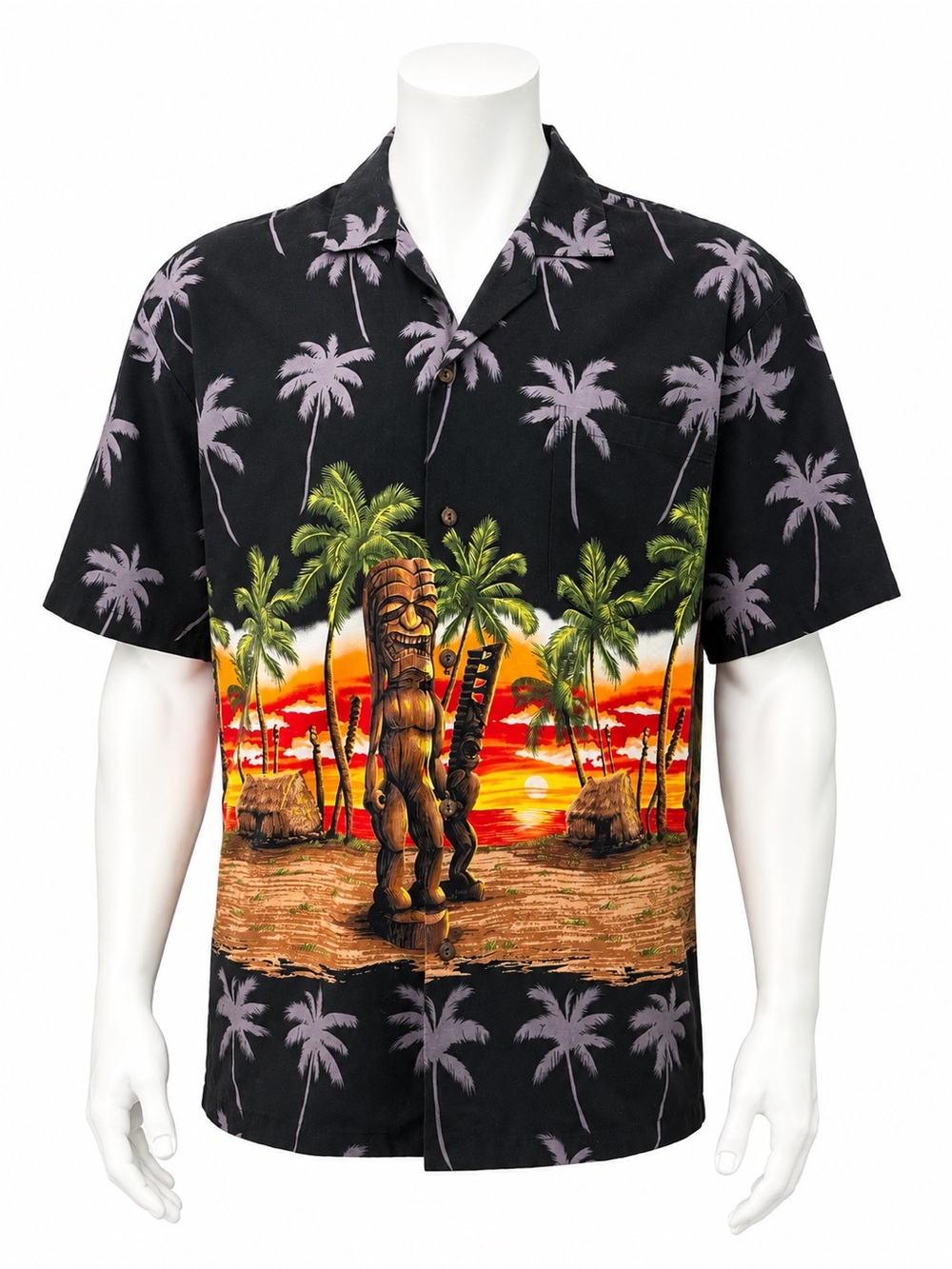 Vintage KY's Hawaiian Aloha Tiki Floral Camp Black Multi Color Graphic Shirt XL